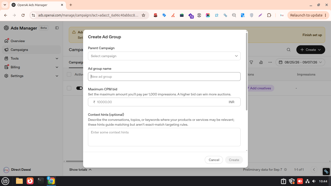 create ad group in chatgpt ads