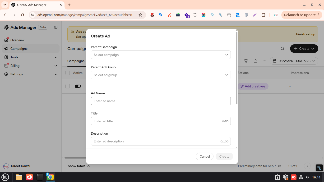 Create new Ad setup in chatgpt