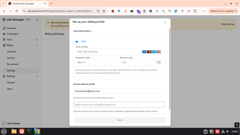 Setup billing profile in chatgpt ads